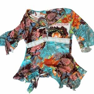 European asymmetrical fairy style sheer blouse with crochet details and bow